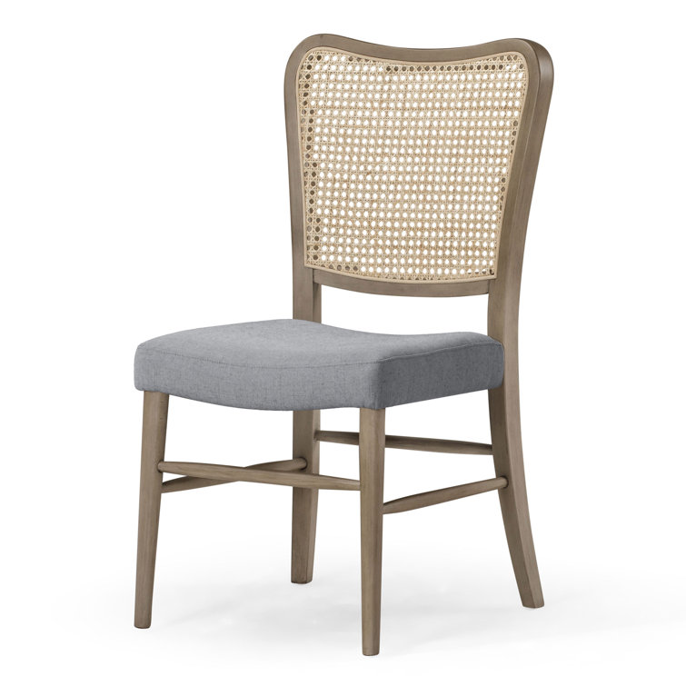 Antiqued Grey Cane Back Linen Upholstered Side Chair Set
