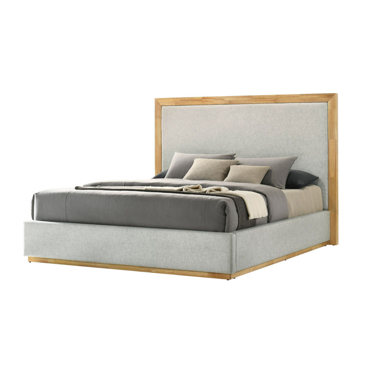 Queen Natural Wood and Gray Upholstered Bed Frame