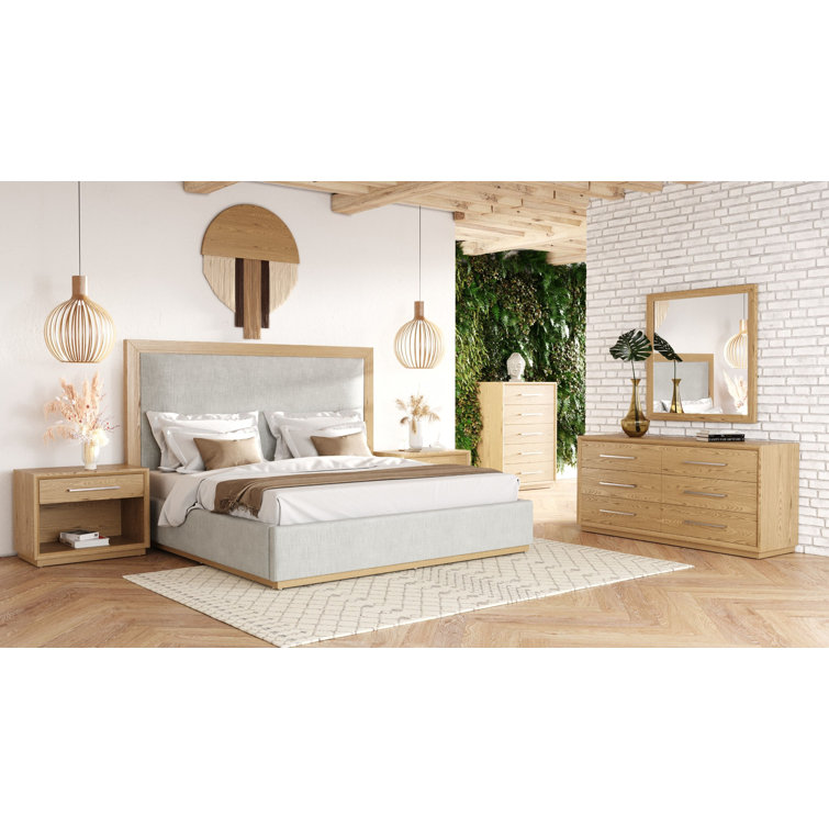 Queen Natural Wood and Gray Upholstered Bed Frame