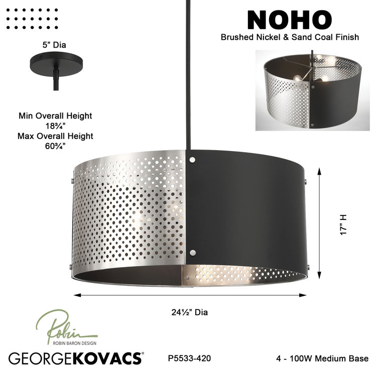 Noho 4-Light Brushed Nickel Drum Pendant with Sand Coal Accents