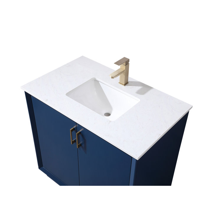 Blue 36" Freestanding Vanity with Gold Hardware and Marble Top