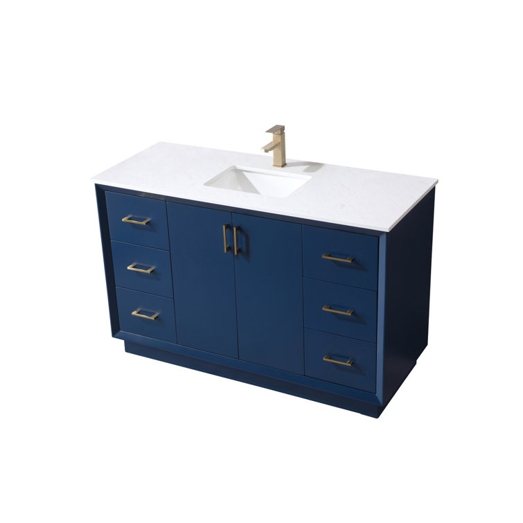 Hayes 54'' Blue Freestanding Bathroom Vanity with Gold Hardware and Marble Top