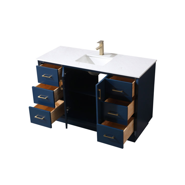 Hayes 54'' Blue Freestanding Bathroom Vanity with Gold Hardware and Marble Top