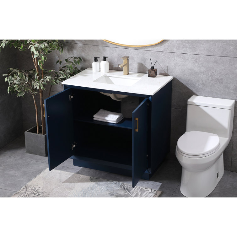 Blue 36" Freestanding Vanity with Gold Hardware and Marble Top