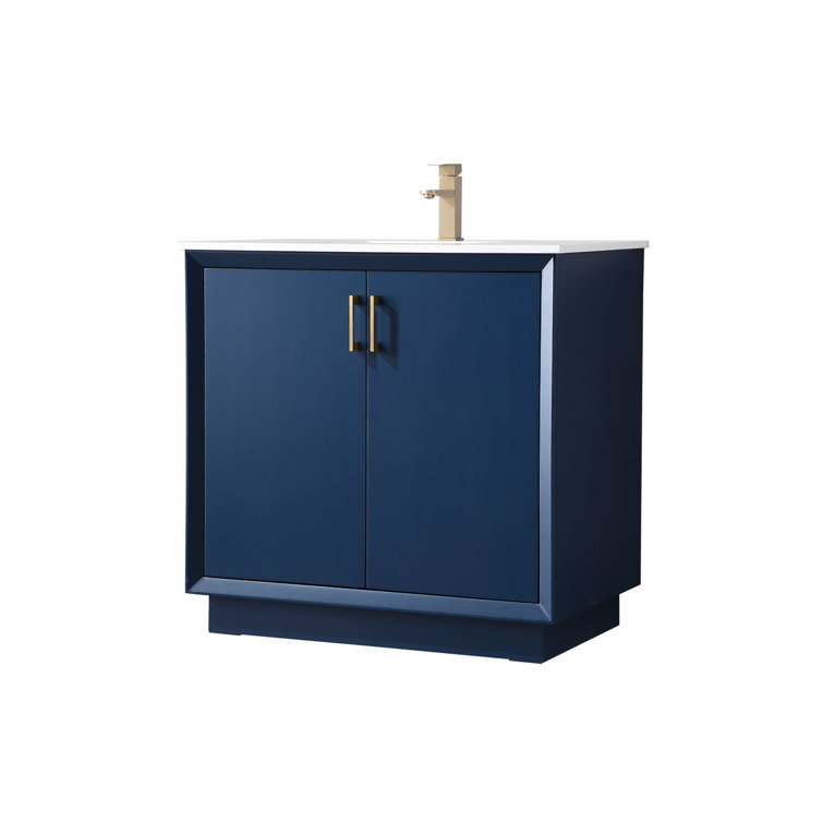 Blue 36" Freestanding Vanity with Gold Hardware and Marble Top