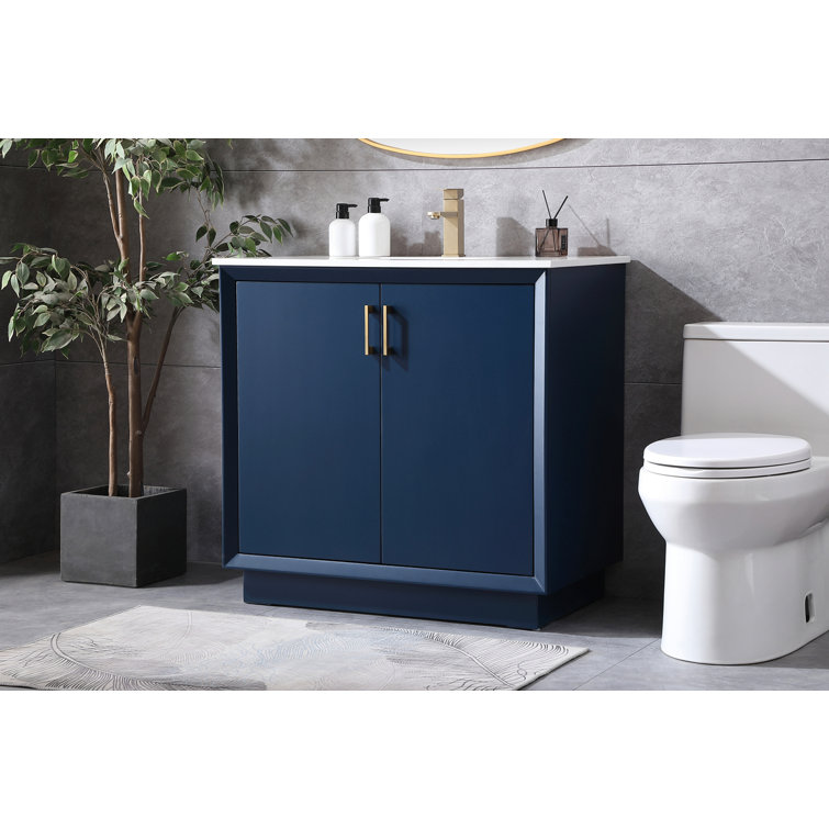 Blue 36" Freestanding Vanity with Gold Hardware and Marble Top