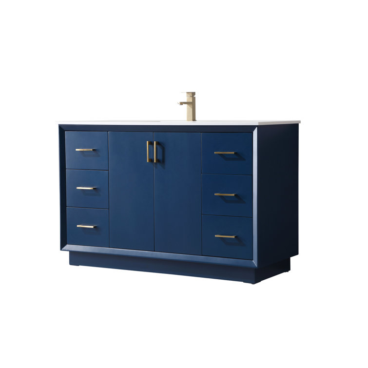 Hayes 54'' Blue Freestanding Bathroom Vanity with Gold Hardware and Marble Top