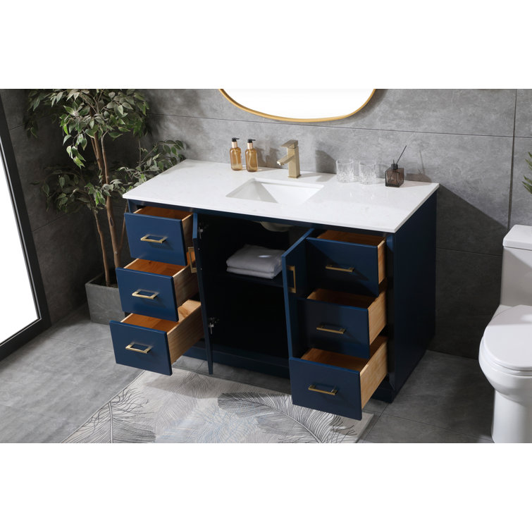 Hayes 54'' Blue Freestanding Bathroom Vanity with Gold Hardware and Marble Top