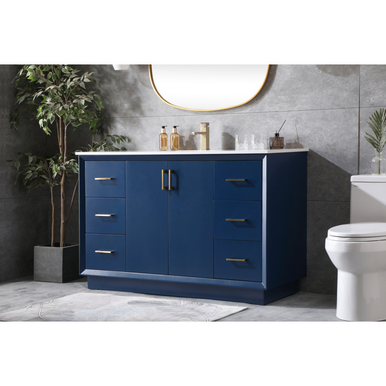 Hayes 54'' Blue Freestanding Bathroom Vanity with Gold Hardware and Marble Top