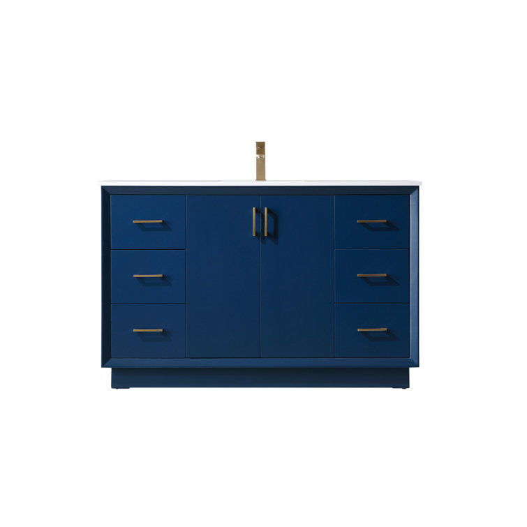 Hayes 54'' Blue Freestanding Bathroom Vanity with Gold Hardware and Marble Top