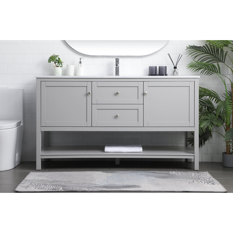 Gray Double Sink Freestanding Vanity with Marble Top
