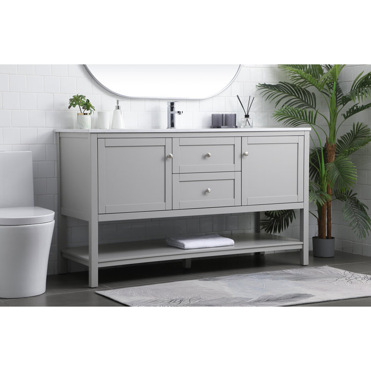 Gray Double Sink Freestanding Vanity with Marble Top