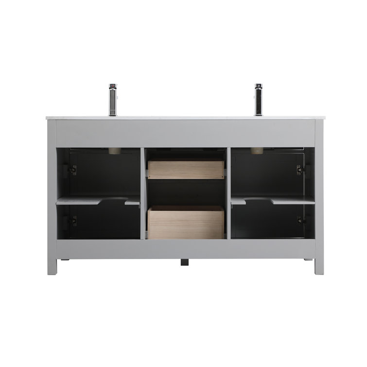 Lewis 60'' Grey Freestanding Double Bathroom Vanity with Engineered Marble Top