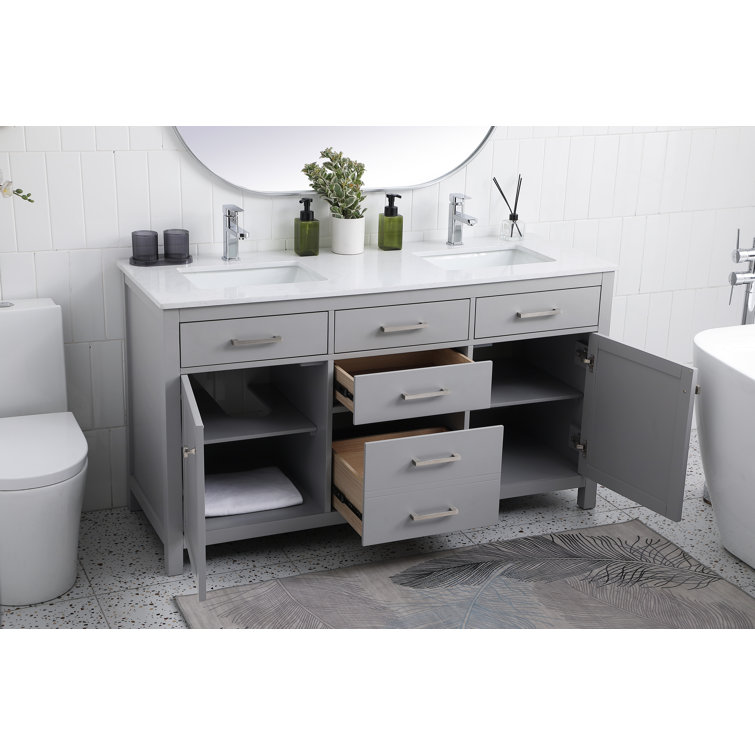 Lewis 60'' Grey Freestanding Double Bathroom Vanity with Engineered Marble Top