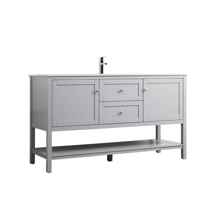 Gray Double Sink Freestanding Vanity with Marble Top