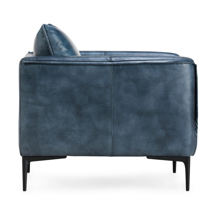 Ocean Blue Leather Armchair with Black Iron Legs