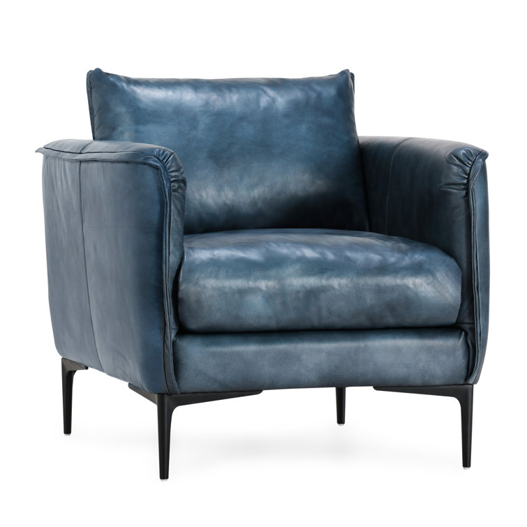 Ocean Blue Leather Armchair with Black Iron Legs