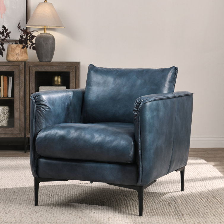 Ocean Blue Leather Armchair with Black Iron Legs