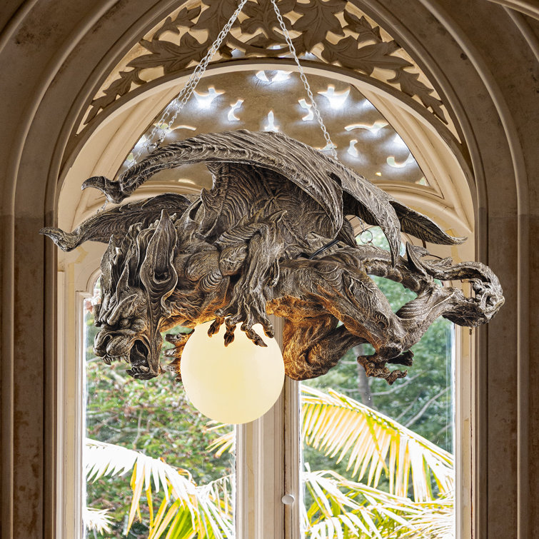 Gothic Guardian Gargoyle 27.5" Resin Chandelier with Orb Light