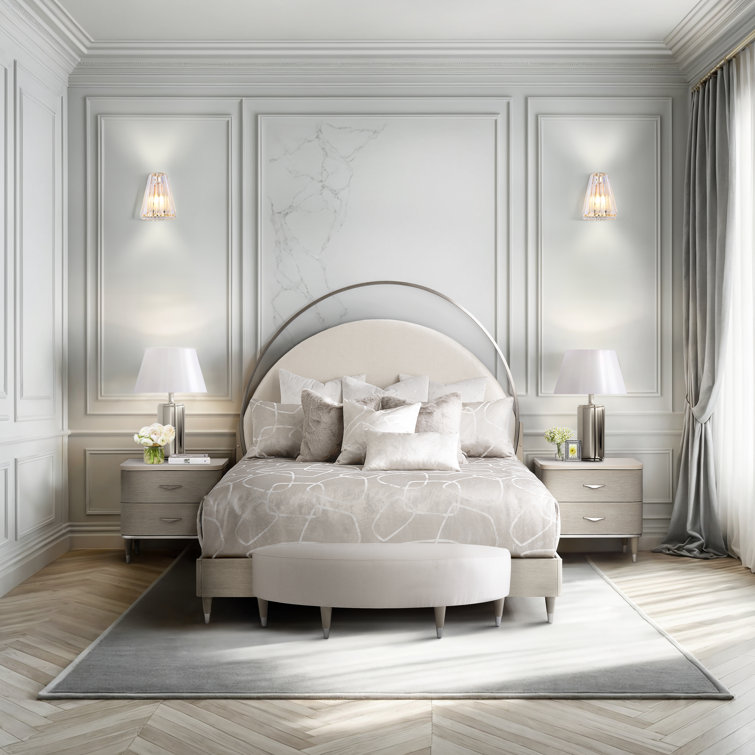 Eclipse Queen Beige Upholstered Bed with Lighted Headboard