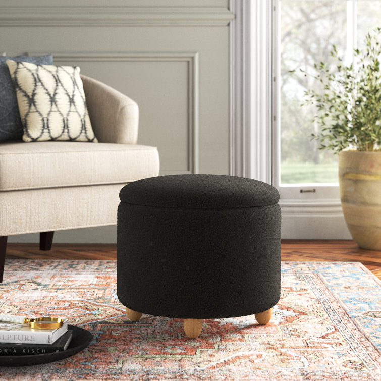 Black Boucle Round Storage Ottoman with Wooden Legs