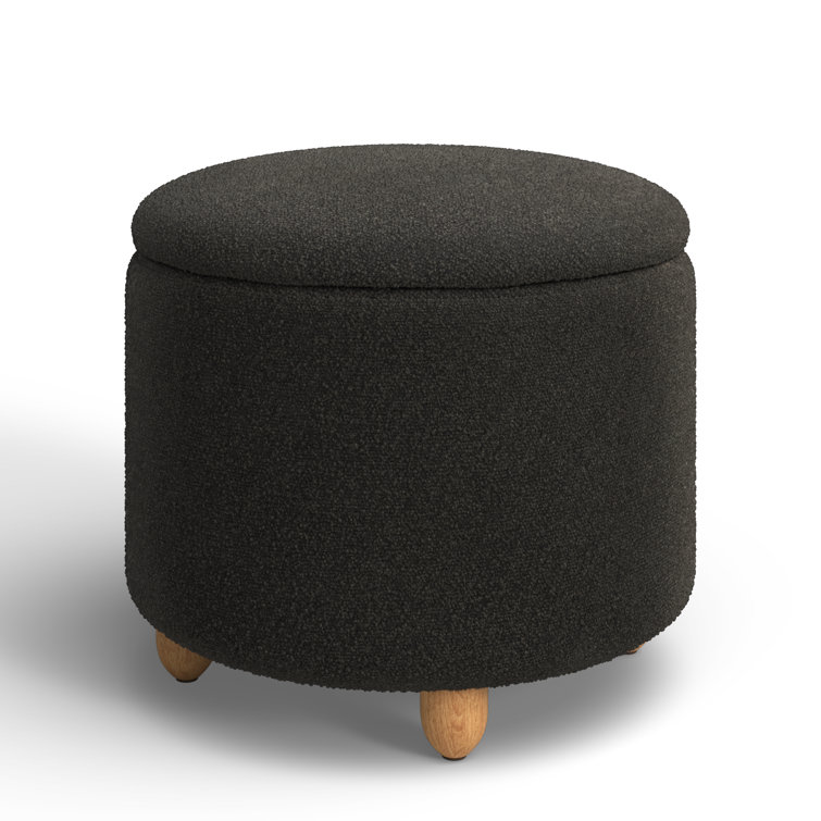Black Boucle Round Storage Ottoman with Wooden Legs