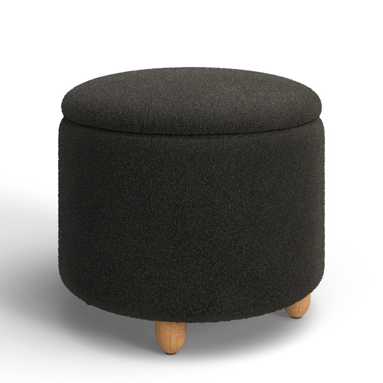 Black Boucle Round Storage Ottoman with Wooden Legs