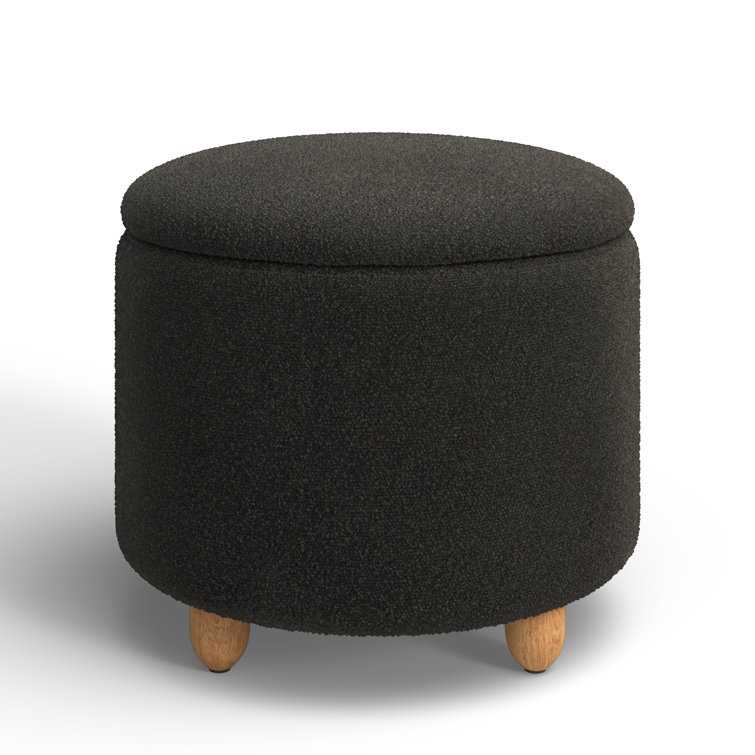 Black Boucle Round Storage Ottoman with Wooden Legs
