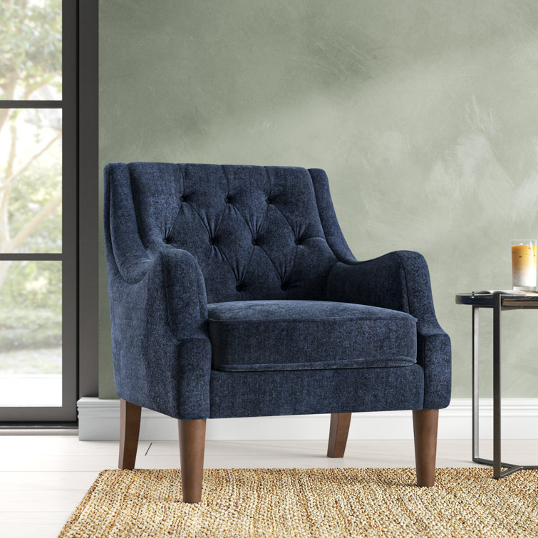 Elegant Navy Velvet Wood Accent Chair with Button Tufting