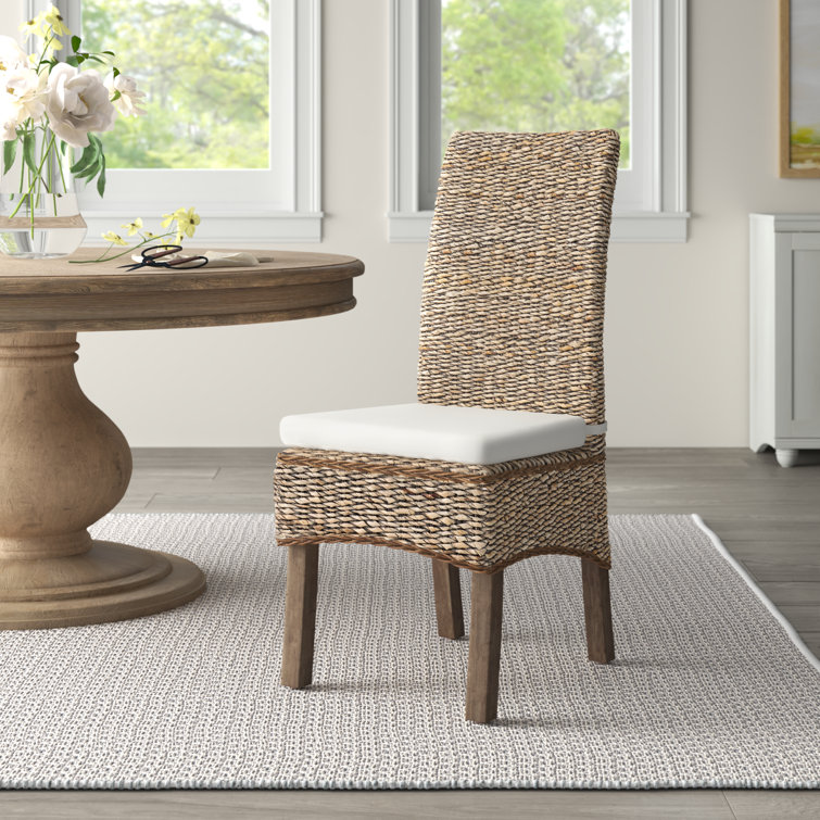Tall-Backed Modern Mahogany and Banana Leaf Weave Side Chair with Cushion
