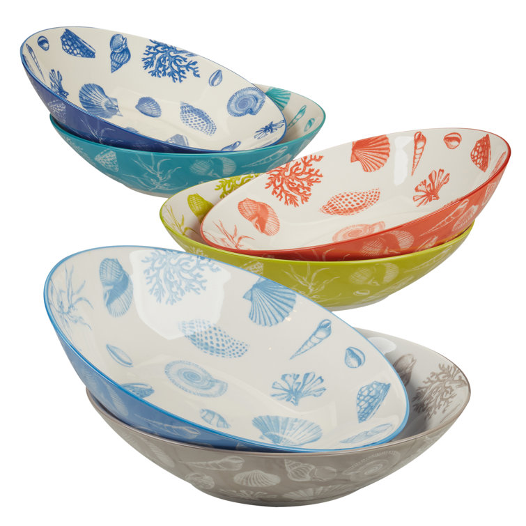 Seaside Multicolor Ceramic Soup and Pasta Bowls, Set of 6