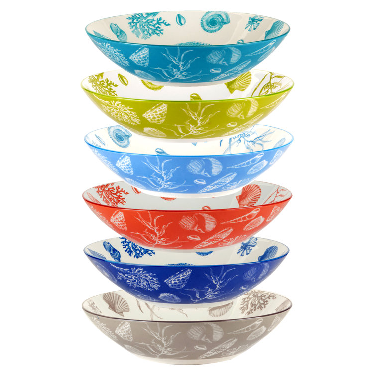 Seaside Multicolor Ceramic Soup and Pasta Bowls, Set of 6