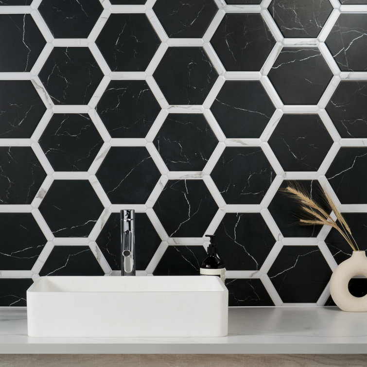 Samara Black and White Hexagon Porcelain Tile Set