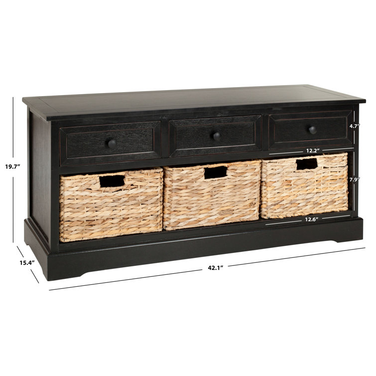 Transitional Gray Pine Wood Storage Bench with Wicker Baskets