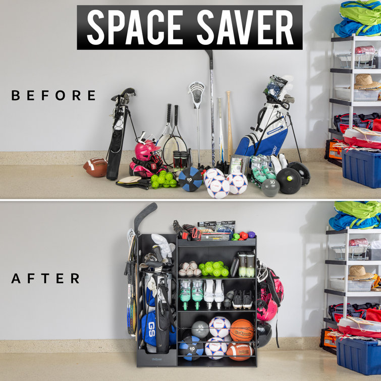 Black Wooden Sports Equipment Organizer with Shelves and Hooks