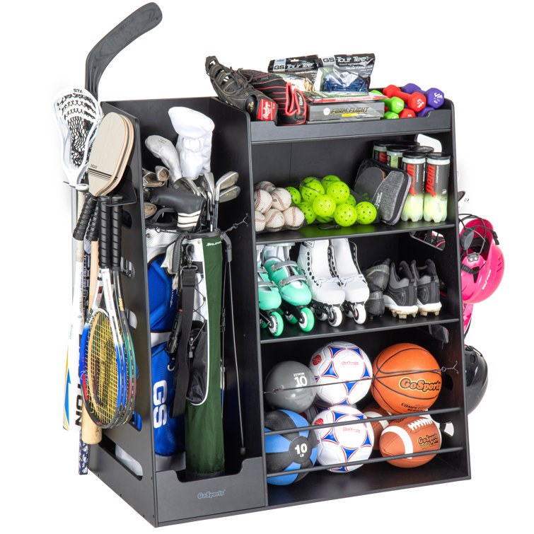 Black Wooden Sports Equipment Organizer with Shelves and Hooks