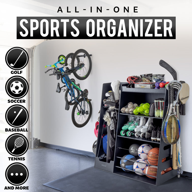 Black Wooden Sports Equipment Organizer with Shelves and Hooks