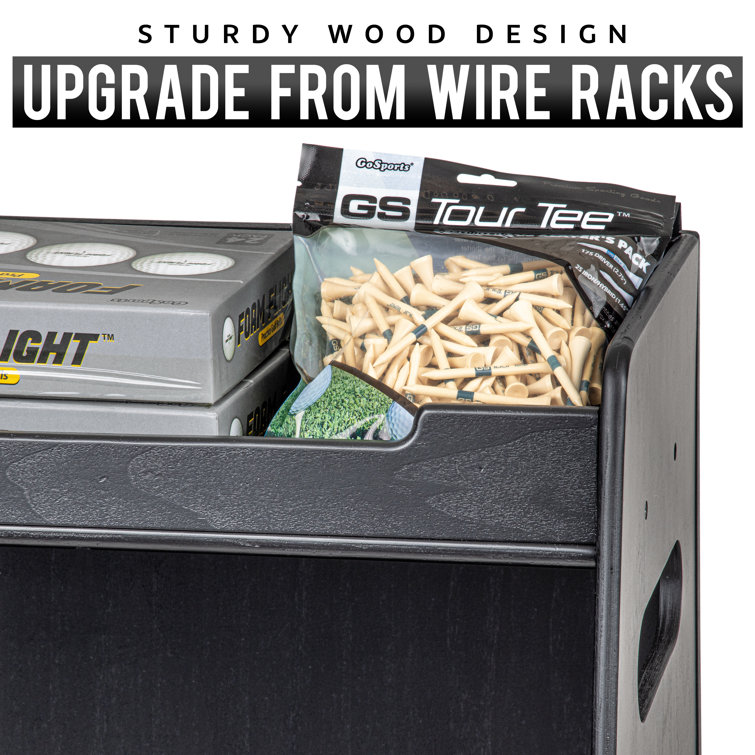 Black Wooden Sports Equipment Organizer with Shelves and Hooks