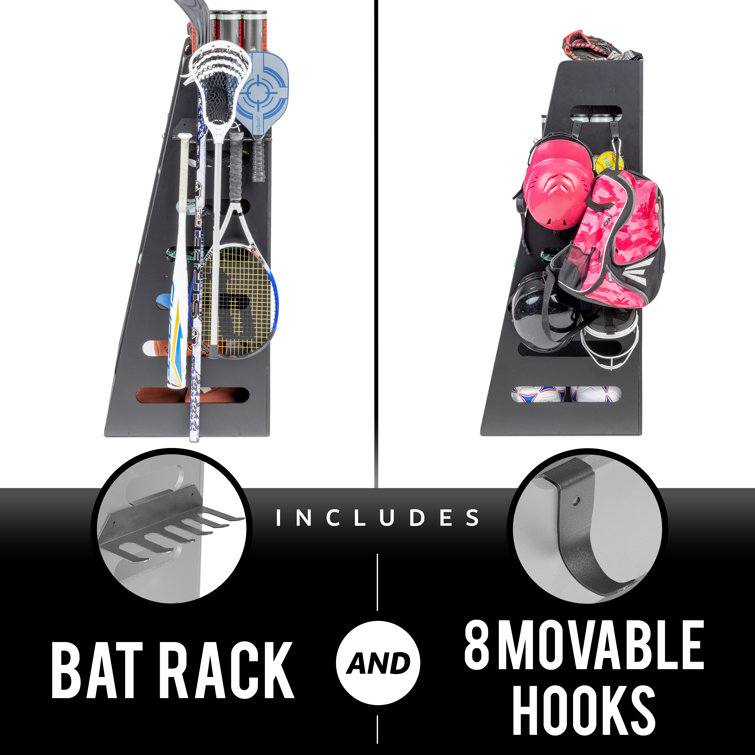 Black Wooden Sports Equipment Organizer with Shelves and Hooks