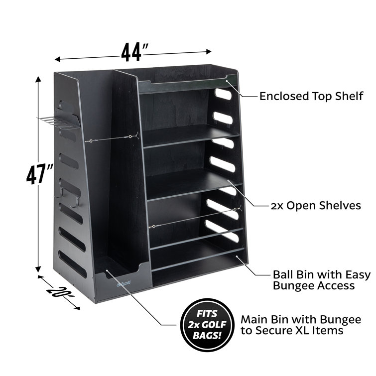 Black Wooden Sports Equipment Organizer with Shelves and Hooks