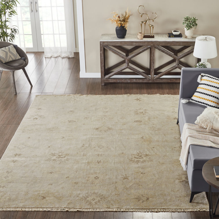 Hand-Knotted Beige Wool Rectangular Area Rug with Tassels