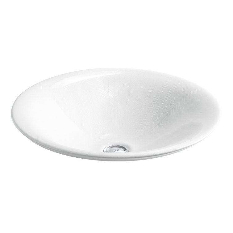 White Ceramic Herringbone Round Vessel Sink