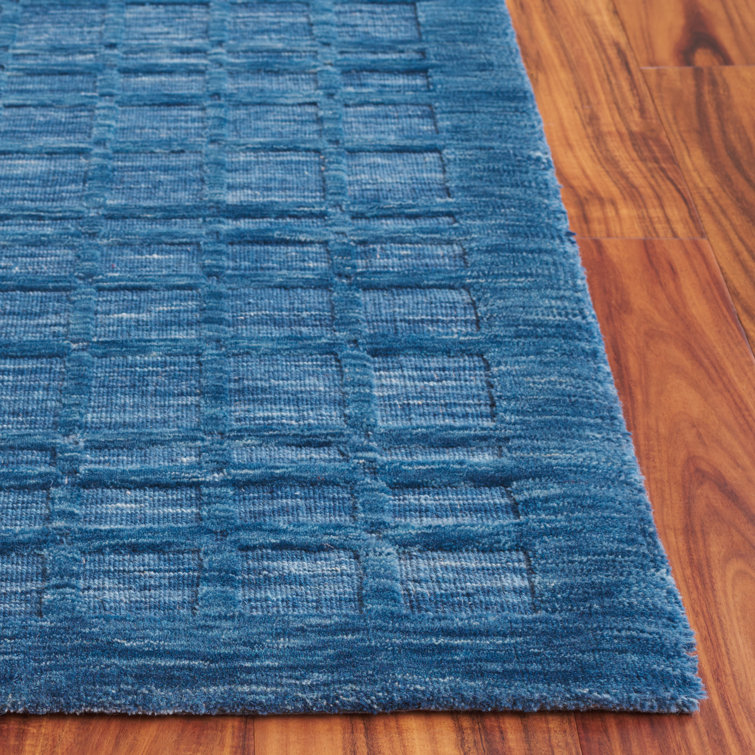 Handwoven Blue Wool Rectangular Stain-Resistant Rug