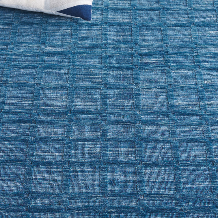 Handwoven Blue Wool Rectangular Stain-Resistant Rug