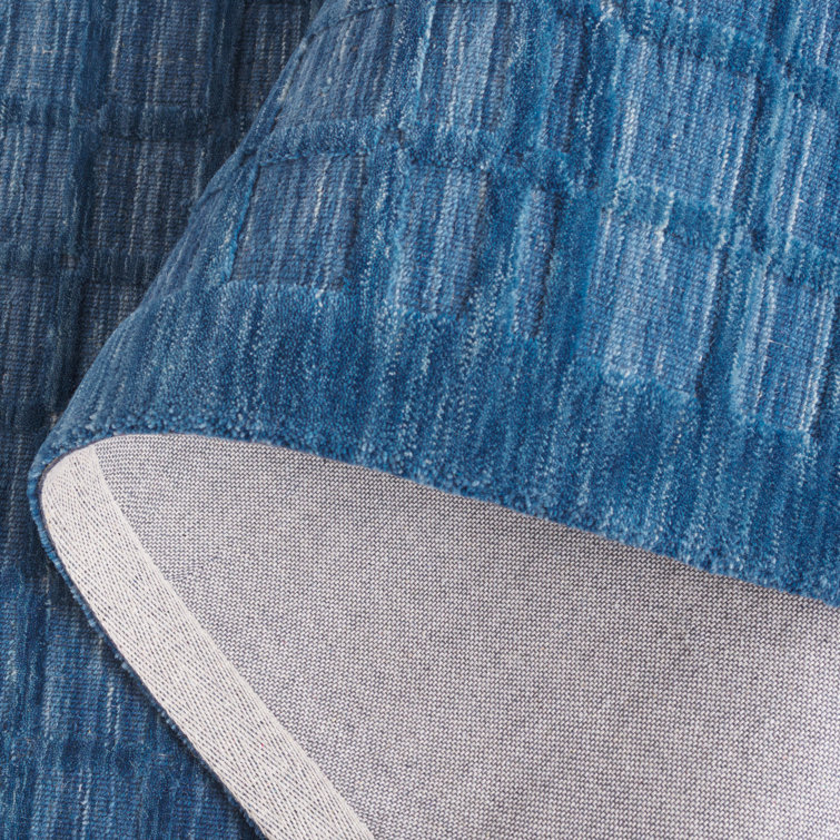 Handwoven Blue Wool Rectangular Stain-Resistant Rug