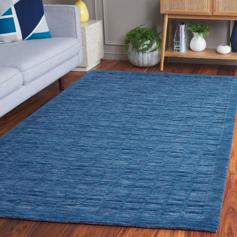 Handwoven Blue Wool Rectangular Stain-Resistant Rug