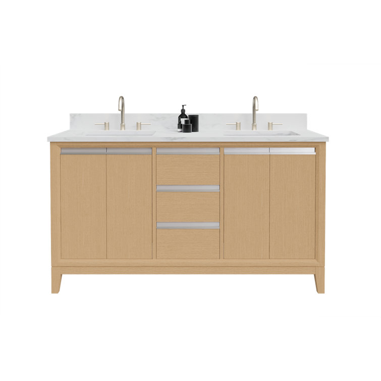 60" Natural Oak Double Sink Bathroom Vanity with Engineered Marble Top