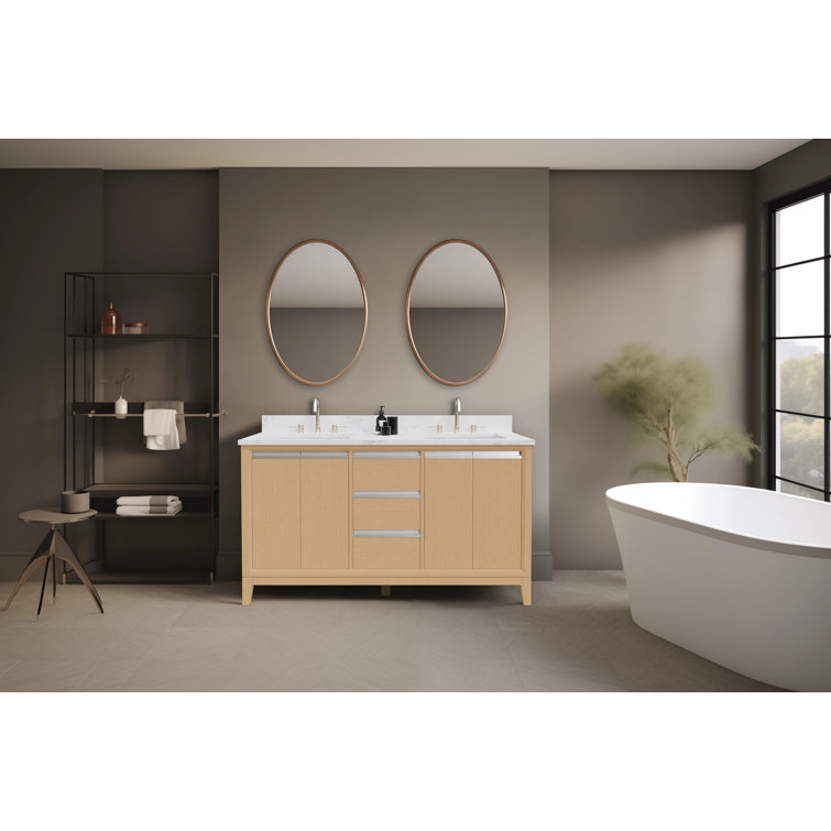60" Natural Oak Double Sink Bathroom Vanity with Engineered Marble Top