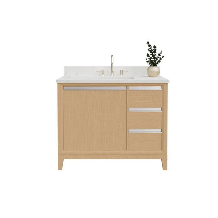 Natural Oak Single Sink Bathroom Vanity with Marble Top