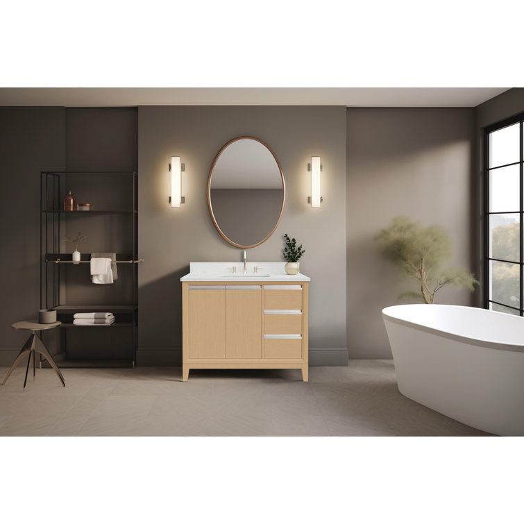 Natural Oak Single Sink Bathroom Vanity with Marble Top
